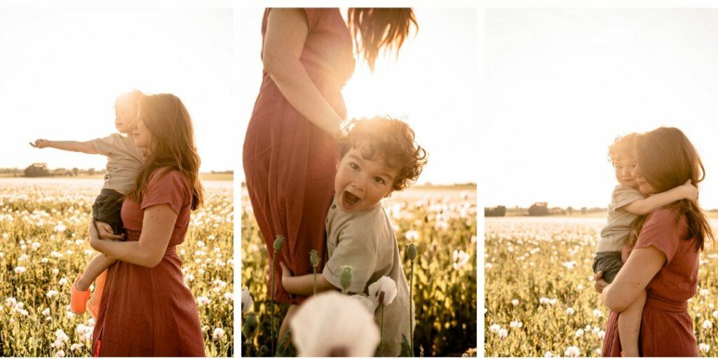 photographe mere-fils, famille, lifestyle, champs de pavots au coucher de soleil, la rochelle